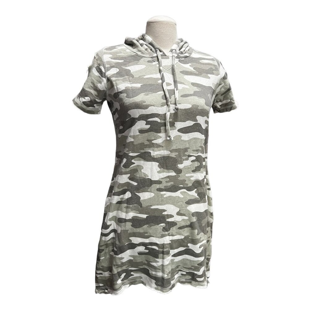 Chaser Camouflage Distressed Hoodie Sweater Dress Sz Small Womens Green Grey Sho